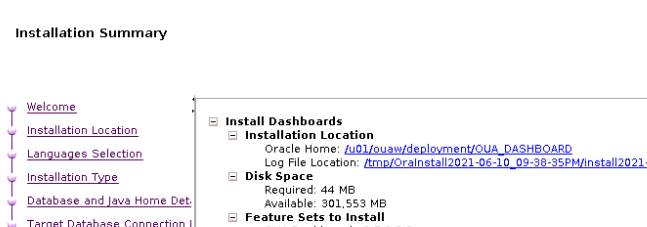Installation Summary screen shows details such as location, disk space, and feature sets.