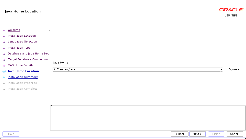 Java Home Location screen shows a dopdown menu for the user to browse the appropriate directory.