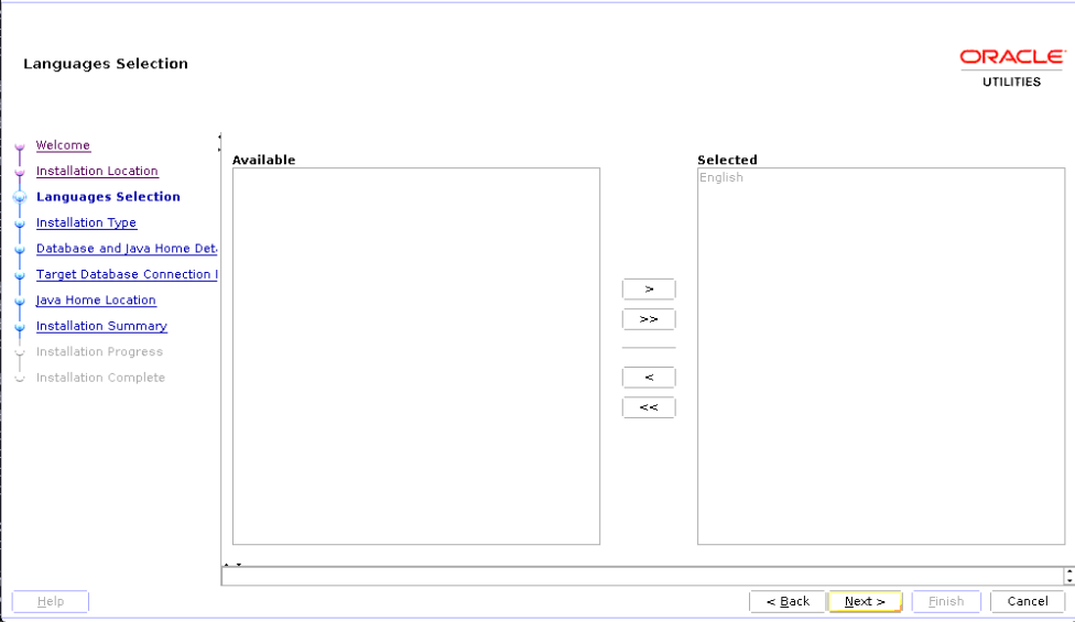 Language Selection screen. The left-hand section shows the languages available, and the right-hand section shows the languages selected by the user. Use the arrows in the middle of these two sections to move an available language to the Selected section.