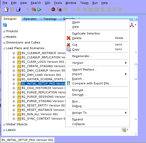 Right-click menu of options is shown here, and one of the load options is selected. The Load Plans and Scenarios option under the Designer tab of the ODI console appears expanded.