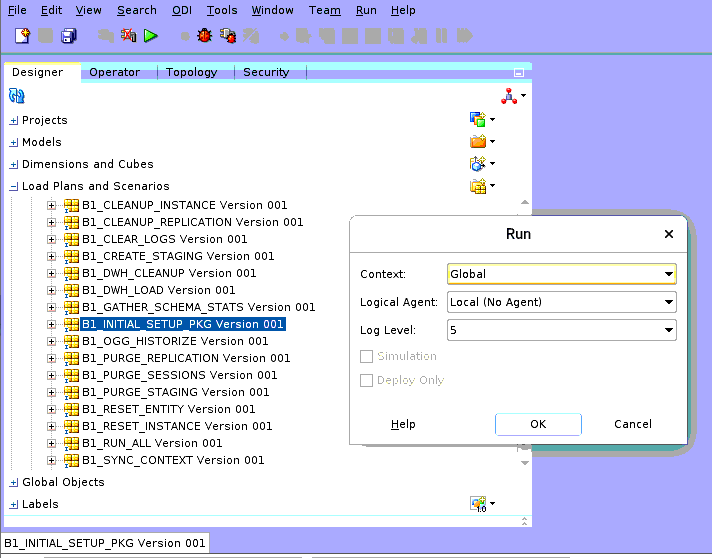 Load Plans and Scenarios option expanded under the Designer tab in the ODI Console. Here, the Run dialog is displayed, since one of the load options is selected.