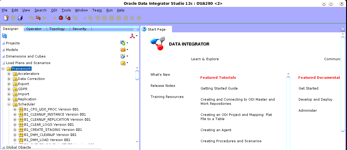 Data Integrator Start Page appears in the right-hand and main section of the ODI studio. In the left-hand panel, the Scheduler option under the Framework option is expanded.