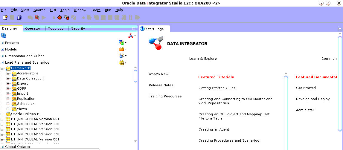 Data Integrator Start Page appears in the right-hand and main section of the ODI studio. In the left-hand panel, the Scheduler option under the Framework option is expanded.