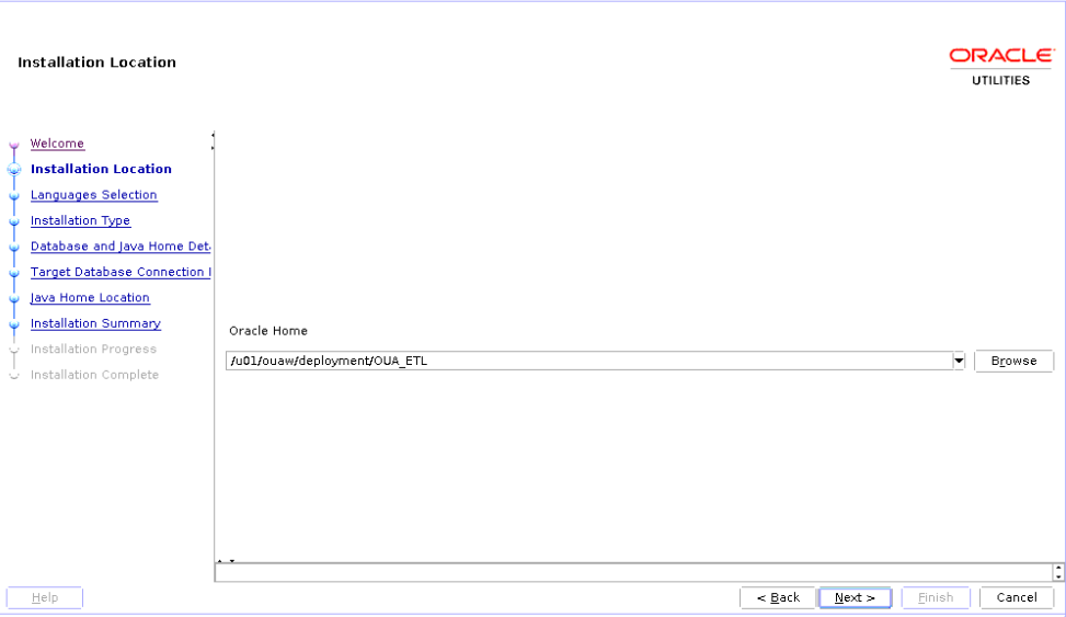 Installation Location screen displays a dropdown menu for the user to browse for the Oracle Home
