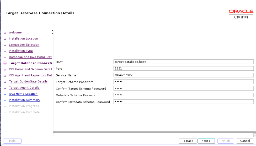 Target Database Connection Details screen shows seven text fields to be populated by the user.