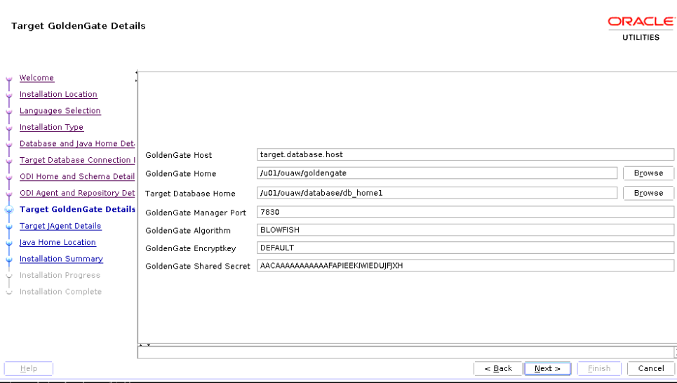 Target GoldenGate Details page displays seven text fields to be populated by the user.