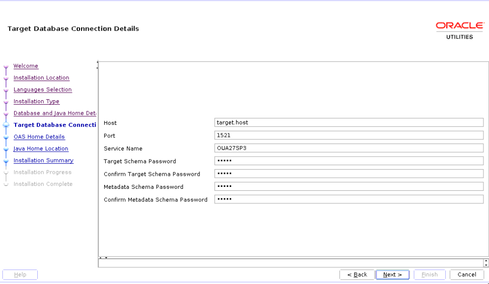 Target Database Connection Details screen shows seven text fields to be populated by the user.