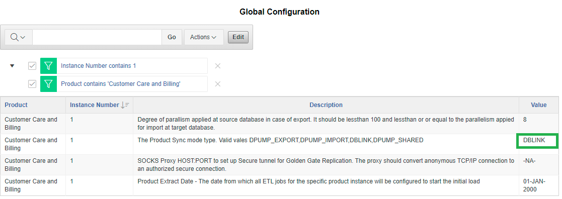 Global Configuration page displaying a search bar, a filtering section, and a four columns table: product, instance number, description, and value. The user is to update one of the values in the last column.