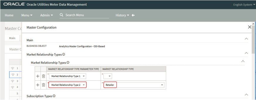 Master configuration window showing the Market Relationship Types section, where you can add or delete items.