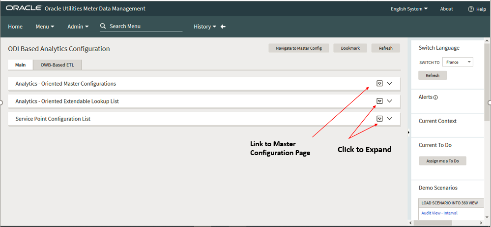 ODI Based Analytics Configuration page. Find in the Main tab a dropdown menu for each of the following sections: Analytics-oriented master configuration, analytics-oriented extendable lookup list, and service point configuration list. Each of these also has a link to the master configuration page.