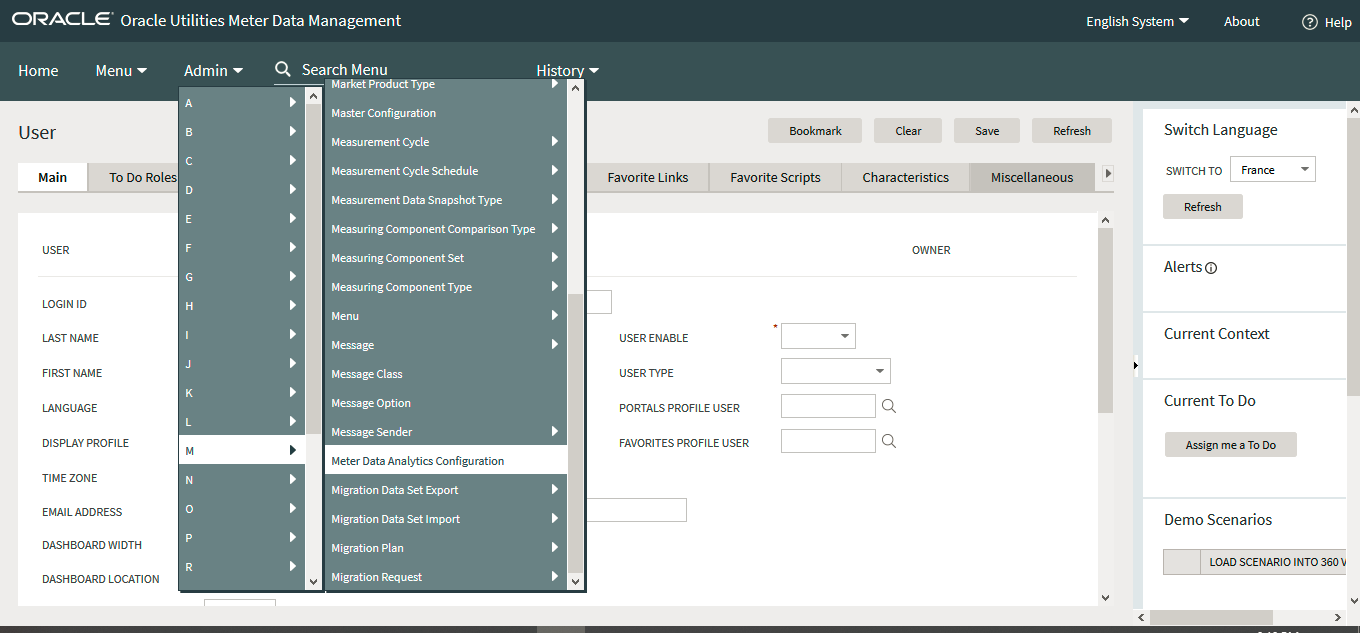 Admin tab expanded shows an alphabetical menu. Here the letter M is selected, and then the option Meter Data Analytics Configuration.