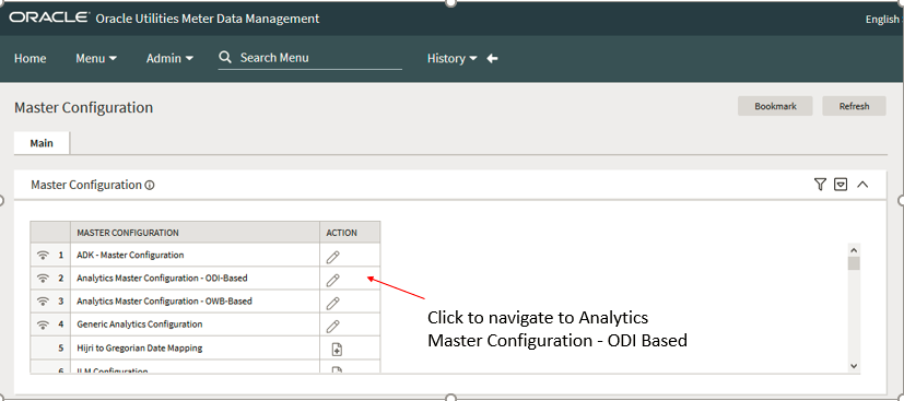 Master Configuration page showing a table with the names of the master configurations, and the actions available for them. Click the pencil icon to navigate to Analytics Master Configuration ODI based.