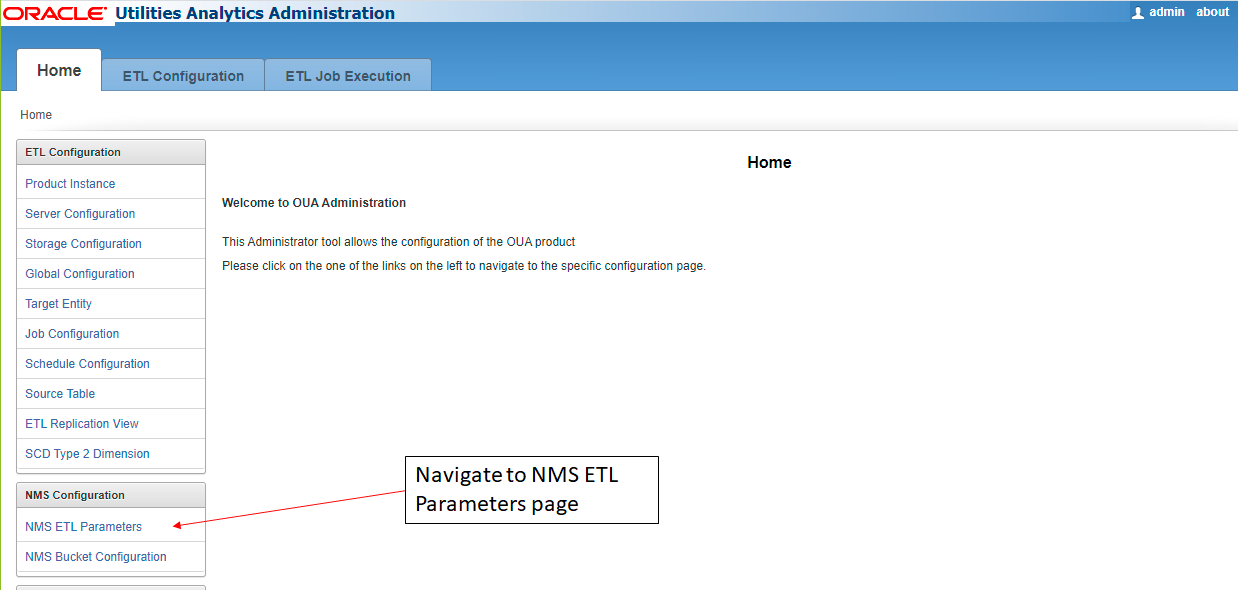 Screenshot of how to navigate to the NMS ETL Parameters page.