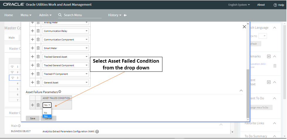 Screenshot of how to select Asset Failed Condition from the Asset Failure Parameters drop-down.