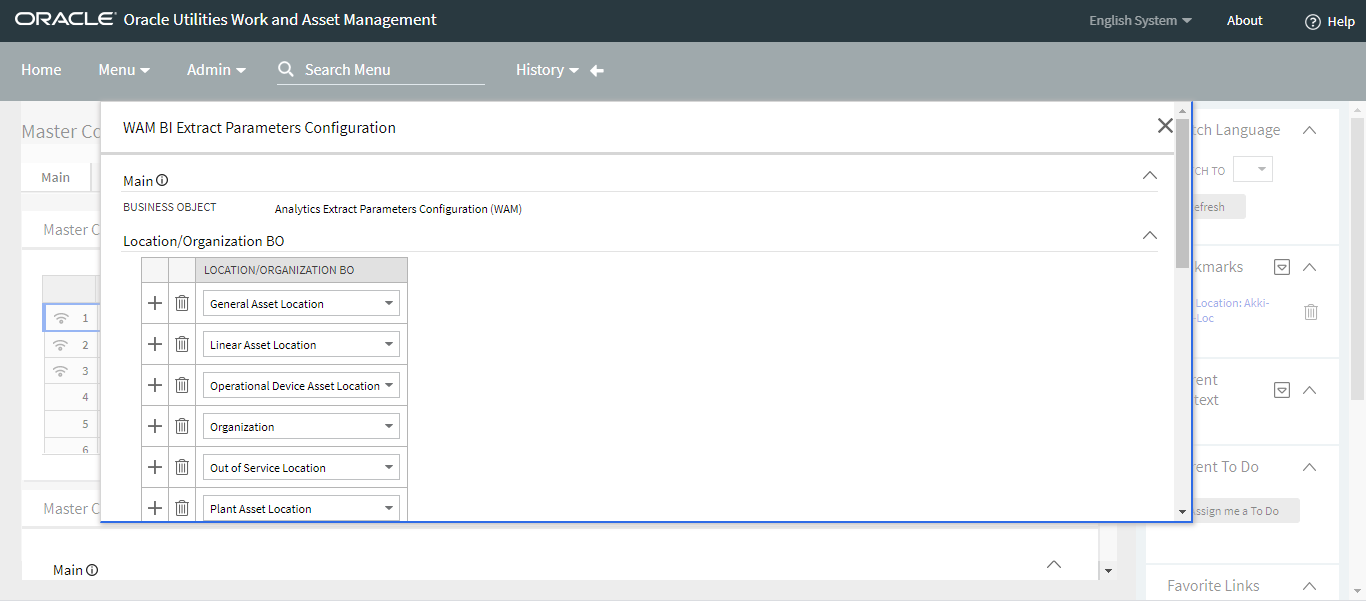 Screenshot of setting values for the parameters on the WAM BI Extract Parameters Configuration page.