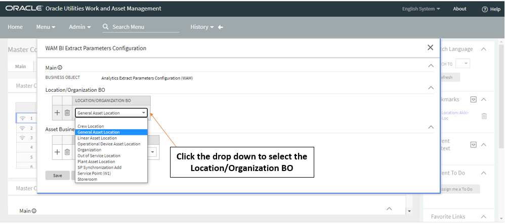 Screenshot of how to set the Location/Organization Business Object.