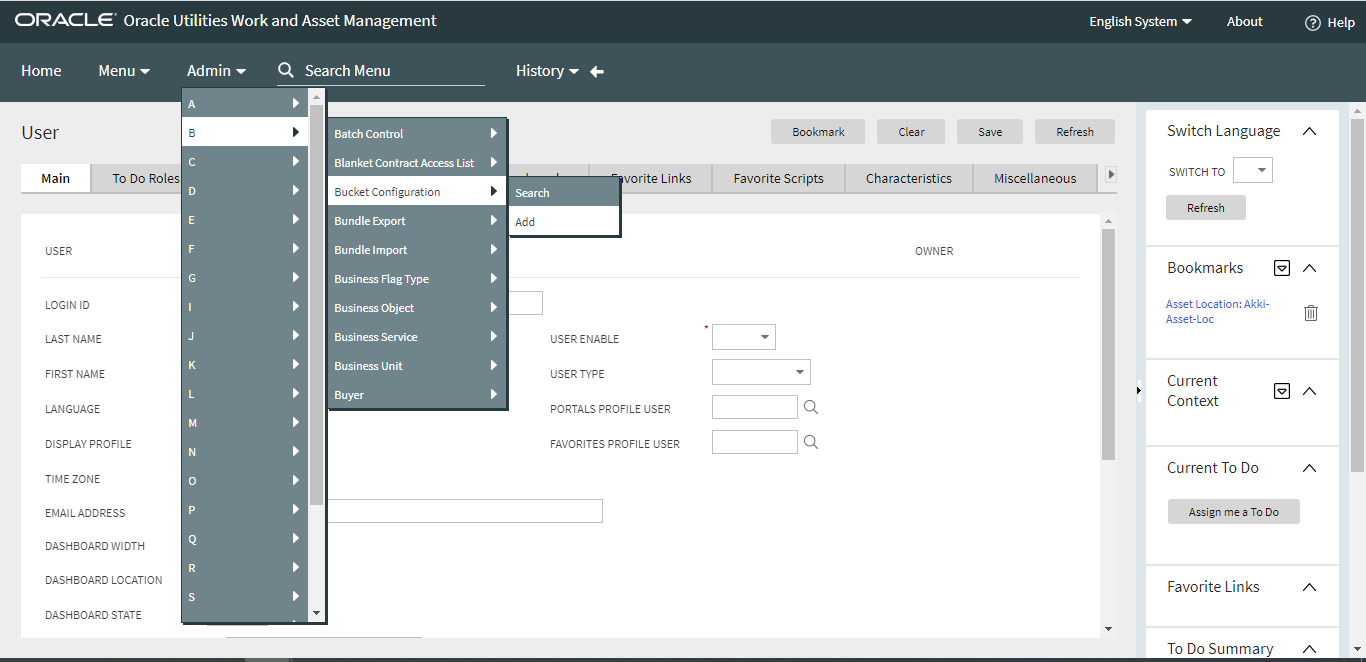 A screenshot showing how to navigate to the "Add Bucket Configuration" page from the Admin menu.