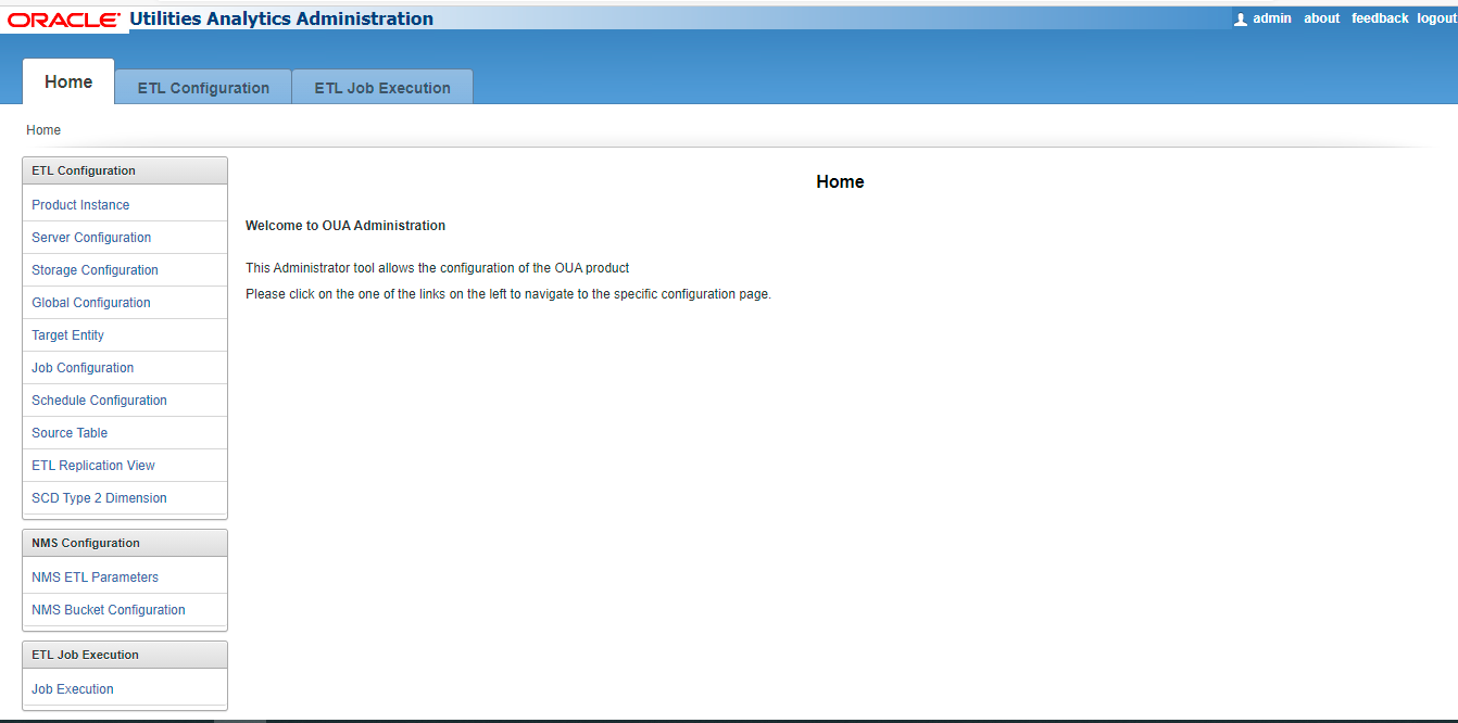Administration tool home page showing the ETL Configuration, the NMS Configuration, and the ETL Job Execution menus.