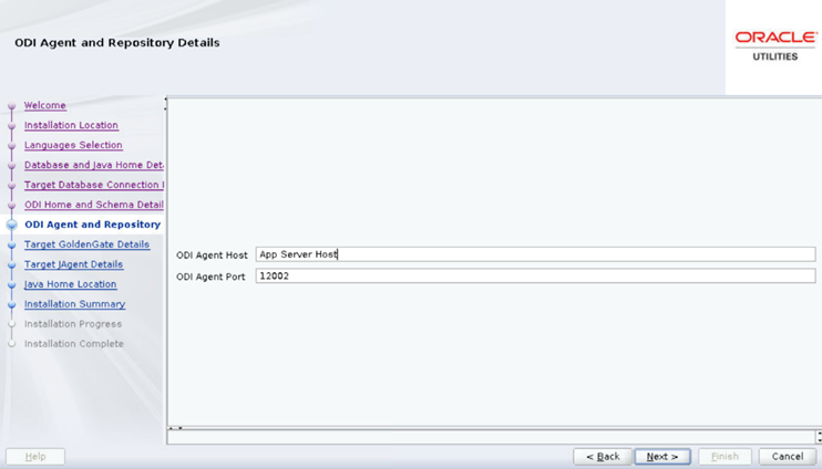 ODI Agent and Repository Details page where the user is to enter a host and a port.