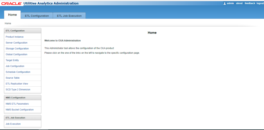 Oracle UtilitiesAnalytics Administration Home tab. Find the mentioned sections in the left-hand pane.