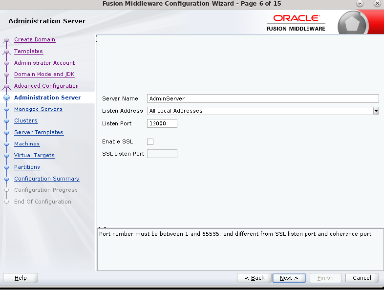 Administration Server screen shows the three fields to be populated by the user in accordance with the table.