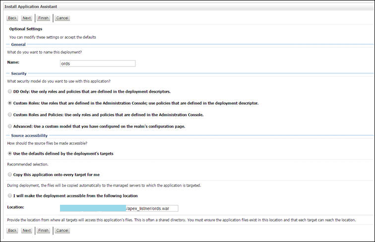 Install Application Assistant page, where the user is to select options in accordance with the table below.