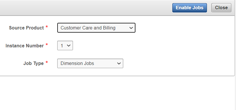 Enable Jobs dialog where the user is to select from three dropdown menus the source product, instance number, and job type. 