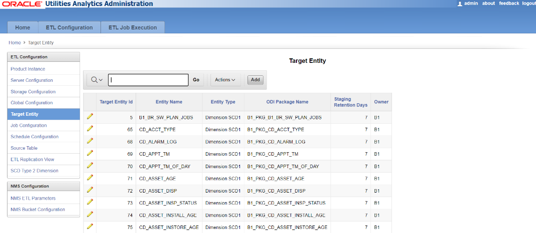 Target Entity page showing a search bar and a six columns table which contains the following data: Target entity ID, entity name, entity type, ODI package name, staging retention days, and owner. Fin this page under ETL Configuration.