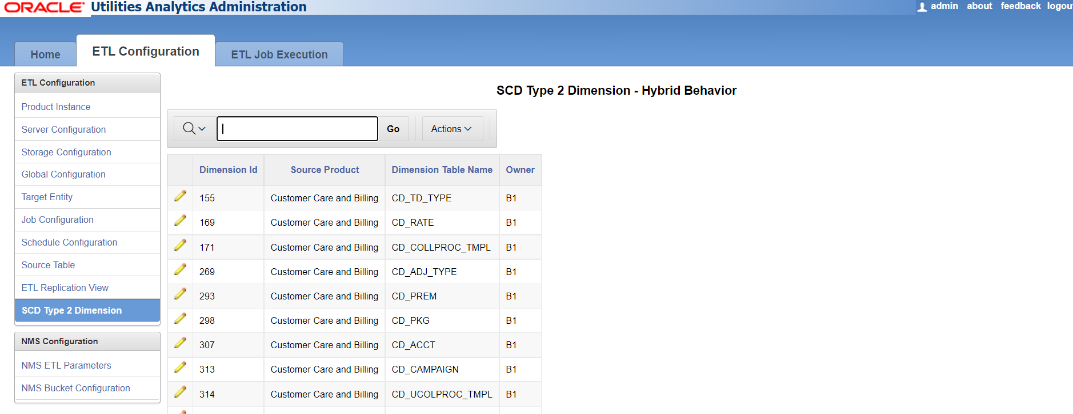 SCD Type 2 Dimension Hybrid Behavior page showing a search field and a four columns table that contains: dimension ID, Source Product, Dimension Table Name, and Owner. Find this page under ETL Configuration tab.