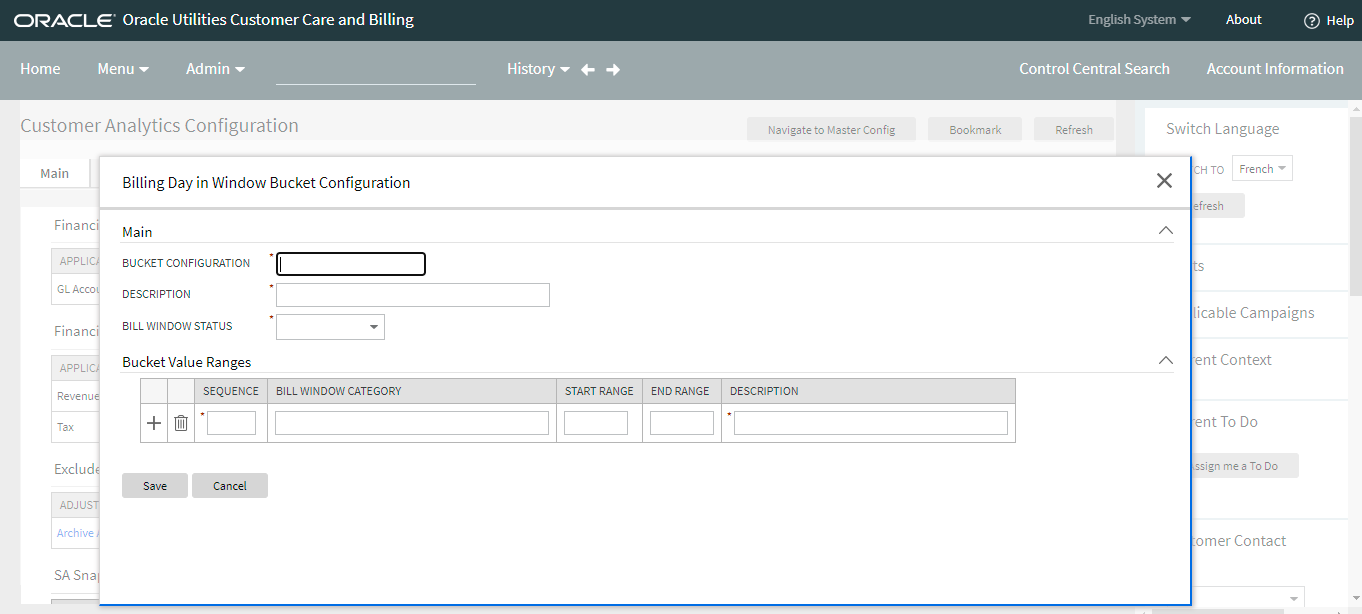 Billing Day in Window Bucket Configuration window, where the user is to set a bucket configuration, a description, a bill window status, and the bucket value ranges.