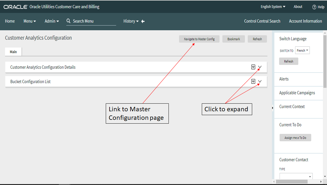 Customer Analytics Configuration page. Click the first button from left to right to navigate to the master configuration page, and expand the dropdown on each of the sections listed in this page to find the configuration and the bucket details.