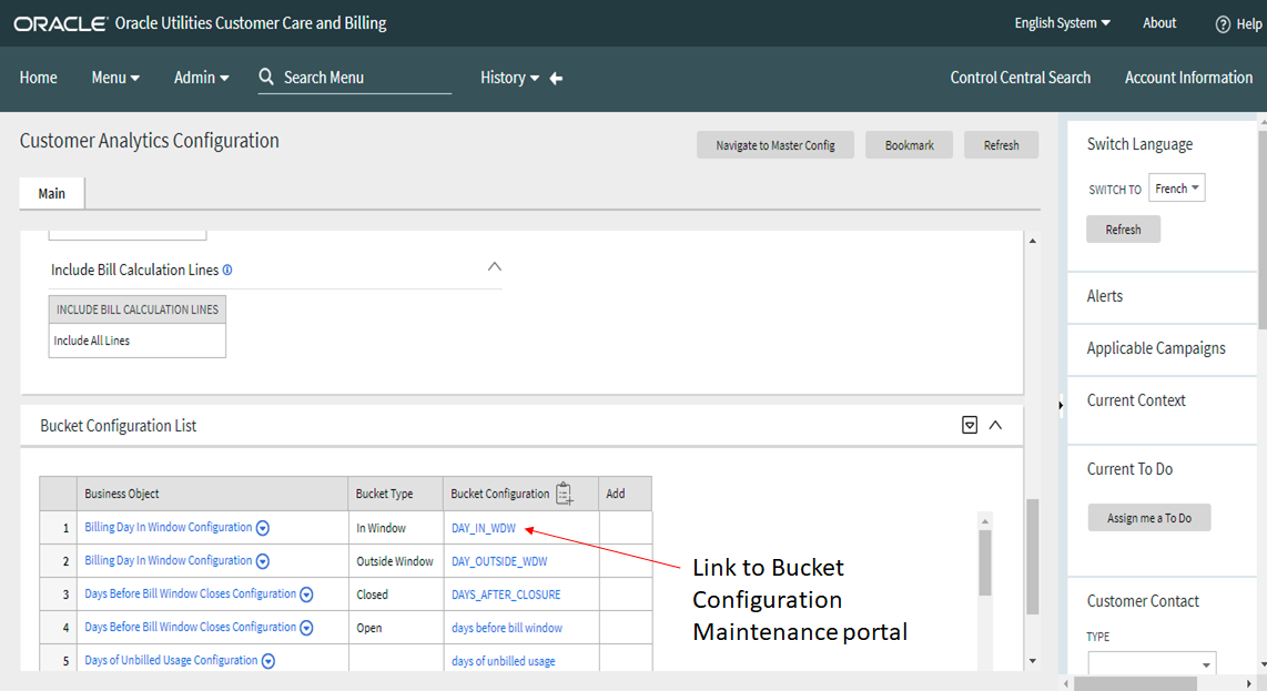 Customer Analytics Configuration page, Main tab. Here the Bucket Configuration List section is shown. This section contains a table that lists the business objects names, bucket types, and its configuration. Items in the bucket configuration column are links to the bucket configuration maintenance portal.