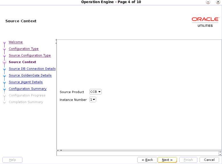 Operation Engine page, Source Context screen. Choose the appropriate option from the dropdown menus.