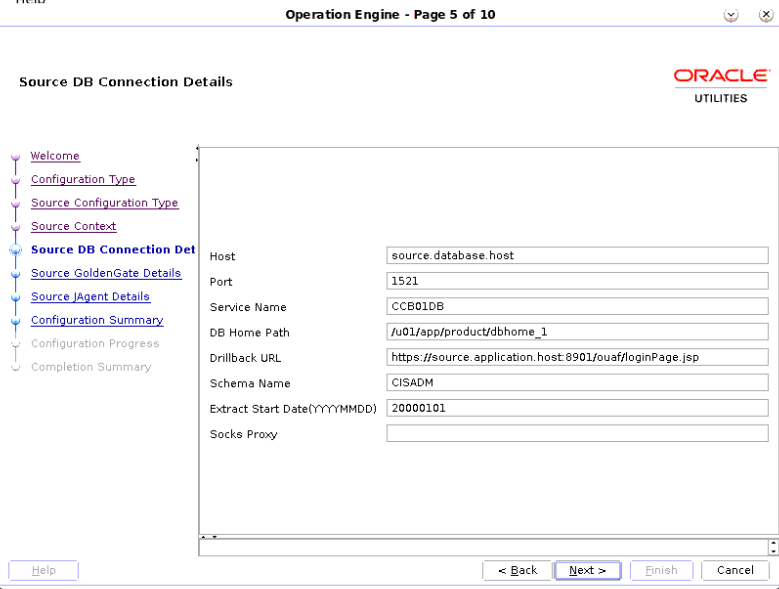 Operation Engine page, Source DB Connection Details screen, where there are eight text fields to be populated by the user.