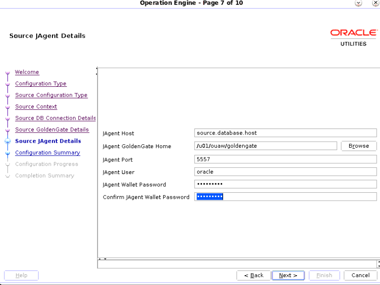 Operation Engine page, Source JAgent Details screen. This screen shows six text fields to be populated by the user.