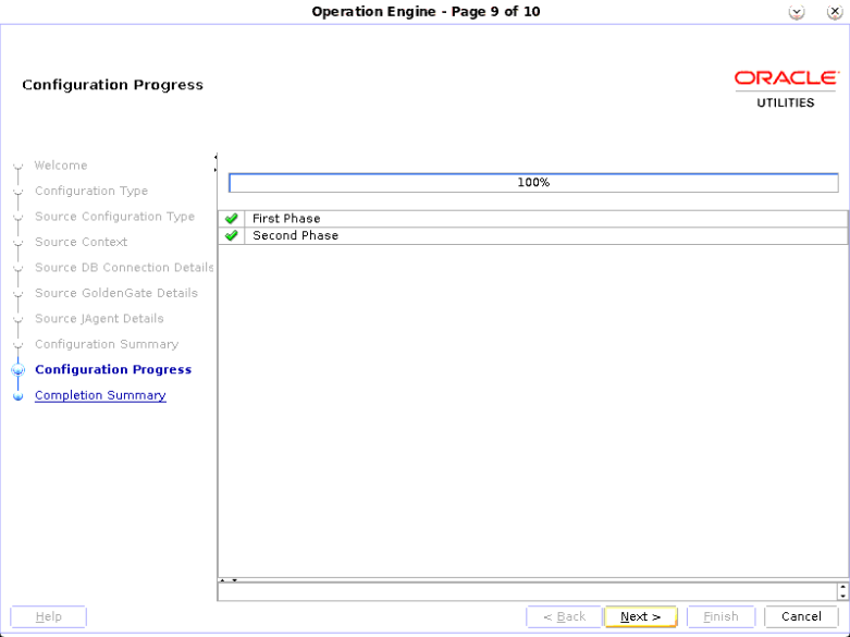 Operation Engine page, Configuration Progress screen. It shows the percentage of completion of the configuration.