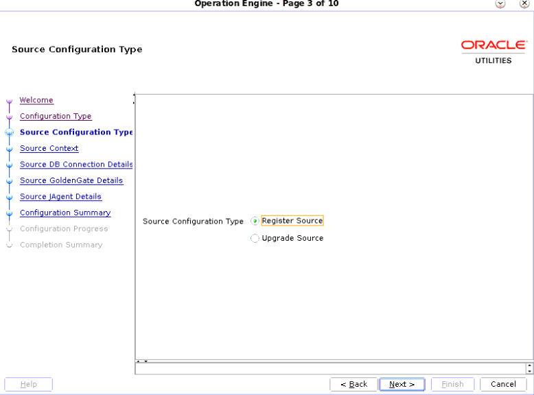 Operation Engine page, Source Configuration Type screen. Register Source is the first of two options.