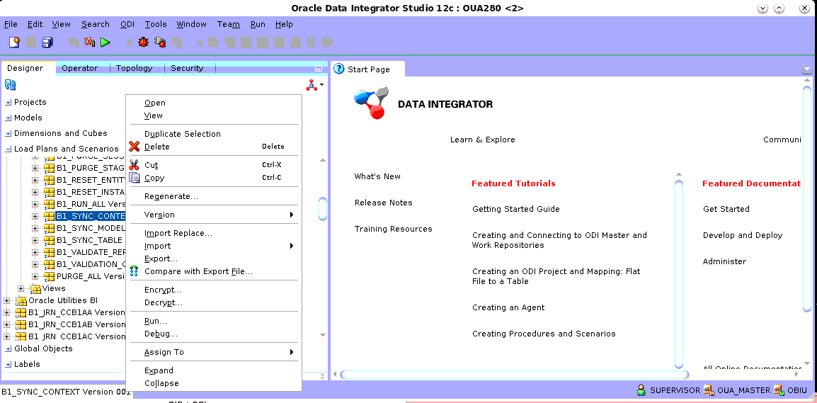 Oracle Data Integrator Studio with the Designer tab expanded on the left, and the Data Integrator start page on the main section. This screenshot also shows the options menu that appears after right-clicking the element mentioned.