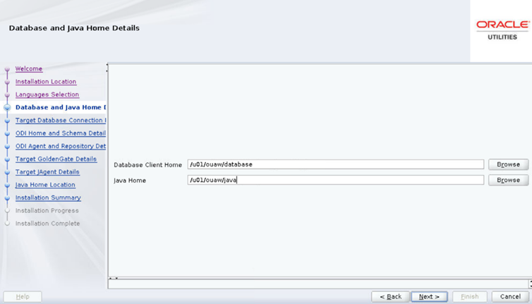 Database and Java Home Details screen, where the user is to browse for the appropriate Database Client and Java Home directories.