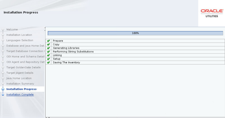 Installation Progress page shows the completion percentage of the installation.