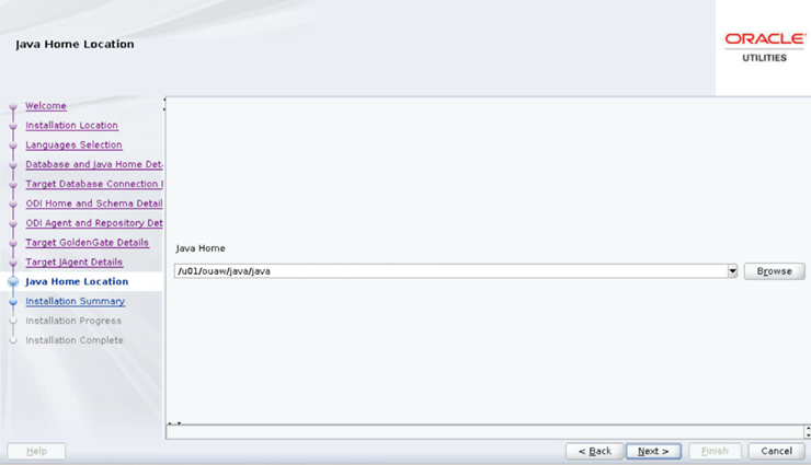 Java Home Location screen displays a dropdown menu where the user is to browse for the appropriate path.