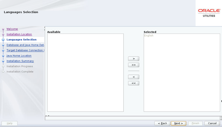 Language Selection screen. The left-hand section shows the languages available, and the right-hand section shows the languages selected by the user. Use the arrows in the middle of these two sections to move an available language to the Selected section.
