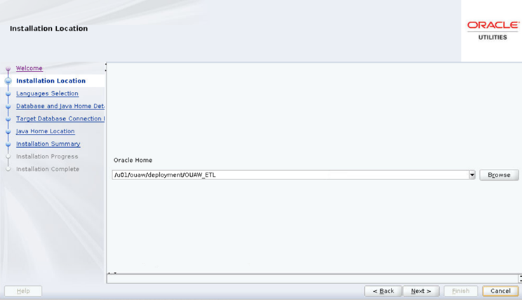 Installation Location screen displays a dropdown menu for the user to browse for the Oracle Home
