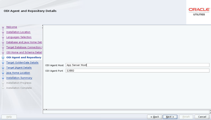 ODI Agent and Repository Details screen displays two text fields to be populated by the user with the appropriate host and port.