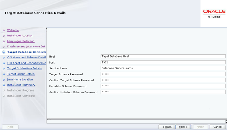 Target Database Connection Details screen shows seven text fields to be populated by the user.