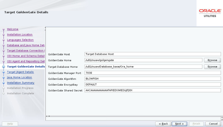 Target GoldenGate Details page displays seven text fields to be populated by the user.