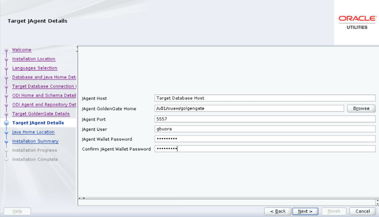 Target JAgent Details screen contains six text field to be populated by the user.