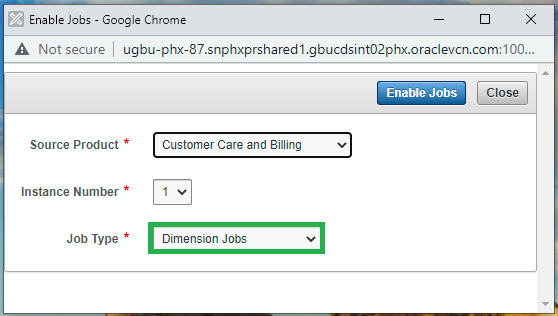 Enable Jobs window showing three dropdown menus for the user to indicate a source product, an instance number, and a job type. Enable Jobs, and Close buttons appear on the top of the window. 