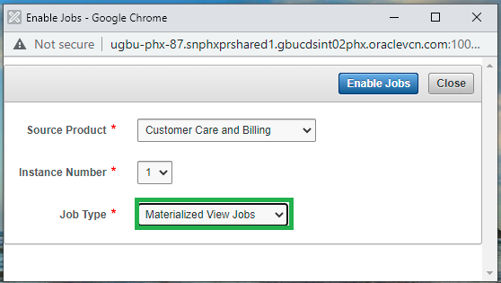 Enable Jobs window showing three dropdown menus for the user to indicate a source product, an instance number, and a job type. Enable Jobs, and Close buttons appear on the top of the window. 