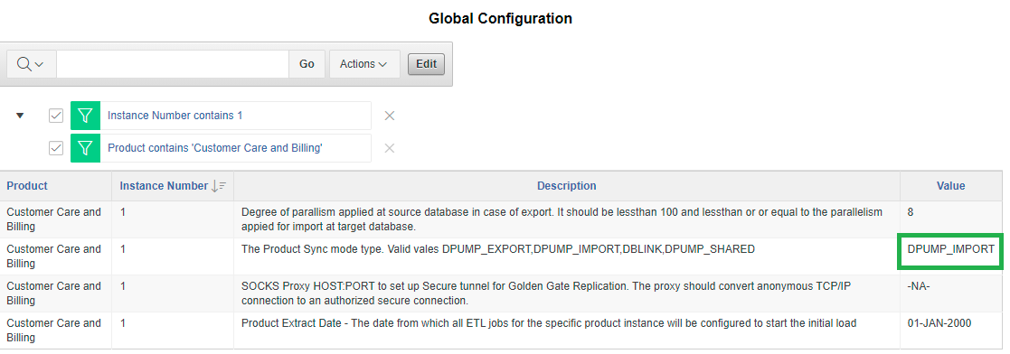 Global Configuration page displaying a search bar, a filtering section, and a four columns table: product, instance number, description, and value. The user is to update one of the values in the last column.